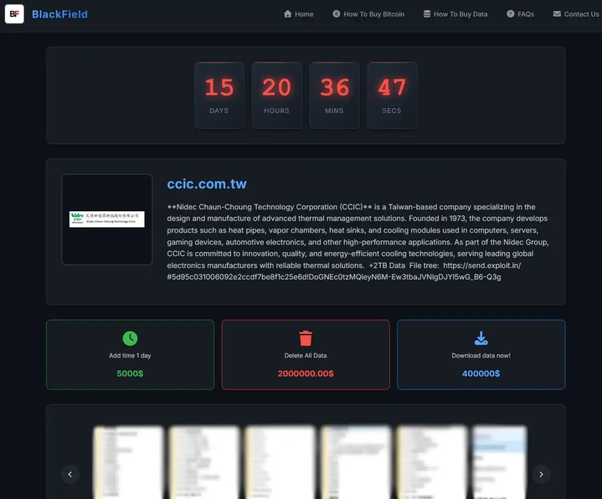 Blackfield Ransomware Attacks Nidec Corporation: $2M Demand for Taiwan Subsidiary Data